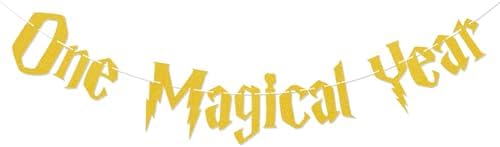 One Magical Year Banner - Wizard Birthday Decor Gold Glitter