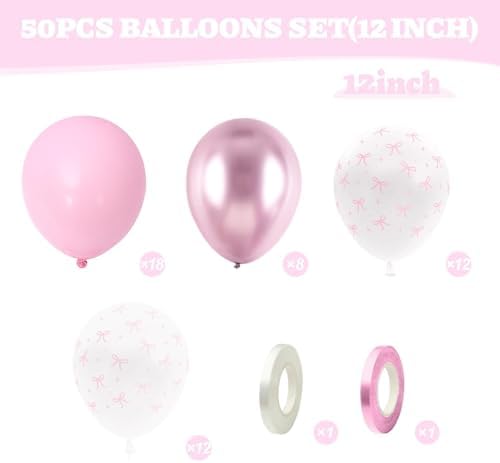 Bow Balloons 50Pcs 12 Inches Pink White Clear Balloons for Birthday Parties