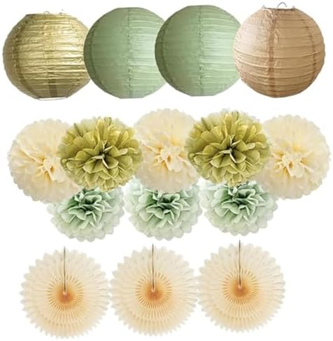 Comebachome 15PCS Paper Pom Poms Set Green Gold Tissue Decorations