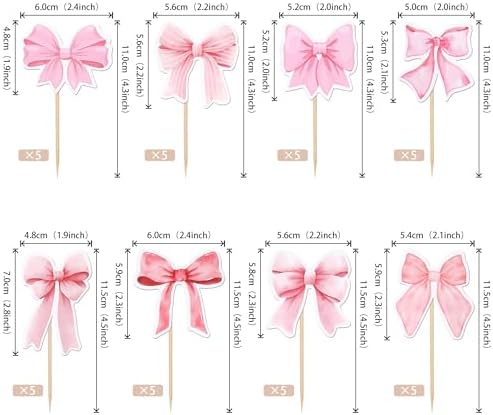 40 Pink Bow Cupcake Toppers for Party Decorations
