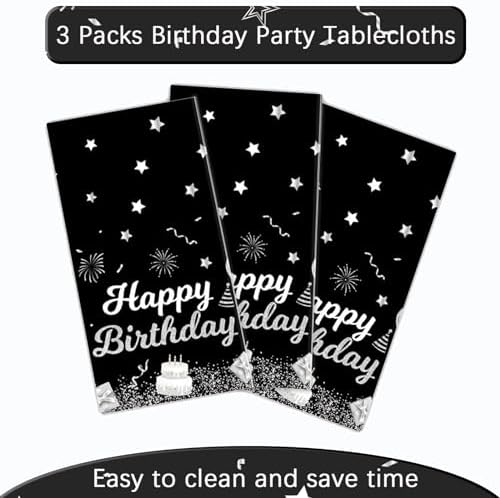 MRJ 3 Pack Silver and Black Star Birthday Tablecloths 54x108