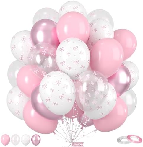 Bow Balloons 50Pcs 12 Inches Pink White Clear Balloons for Birthday Parties