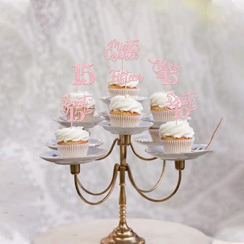 30PCS Happy 15th Birthday Cupcake Toppers Glitter Pink