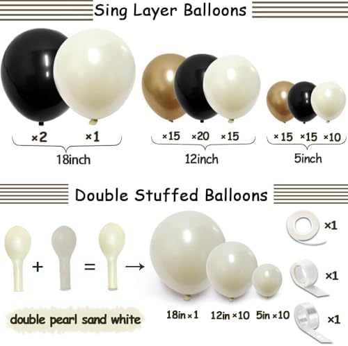 Double Stuffed Black White Gold Balloon Arch Kit