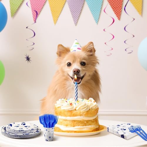 144 Piece Blue Paw Print Party Tableware Set for 24 Guests