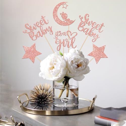 12 PCS Sweet Baby Girl Centerpiece Sticks with Rose Gold Moon Glitter
