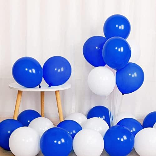 100pcs Royal Blue and White 12 Inch Latex Balloons with Ribbon