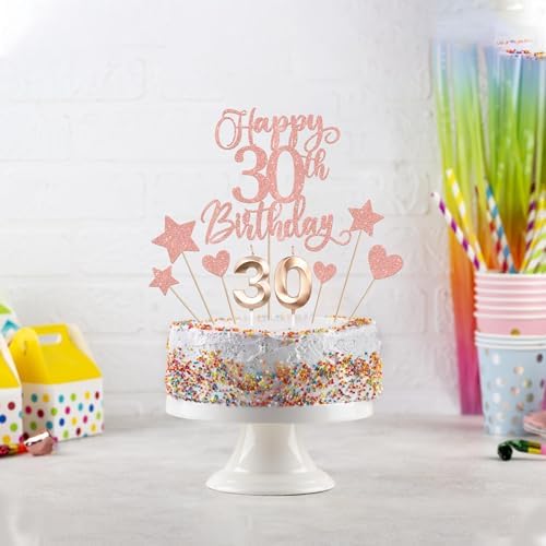 13 PCS Happy 30th Birthday Cake Toppers with Heart Star Glitter Rose Gold