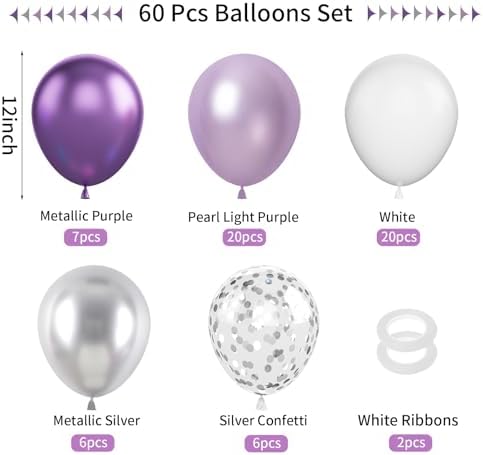 FunHot 60Pcs 12 Inch Metallic Silver and Purple Balloons Set
