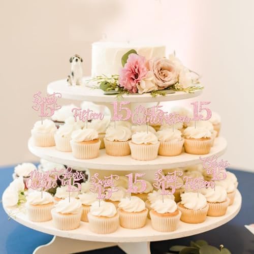 30PCS Happy 15th Birthday Cupcake Toppers Glitter Pink