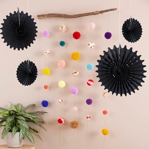 Black Tissue Hanging Fans - 12 Pieces Party Decor