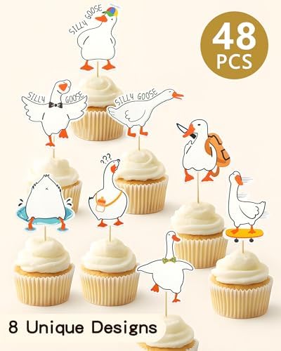 48 PCS Funny Goose Cupcake Toppers Animal Theme Party Decorations