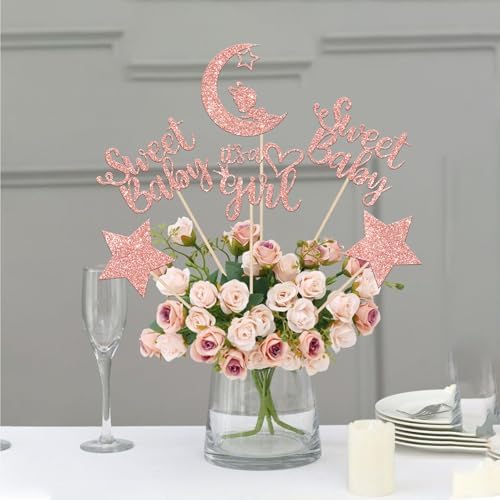 12 PCS Sweet Baby Girl Centerpiece Sticks with Rose Gold Moon Glitter