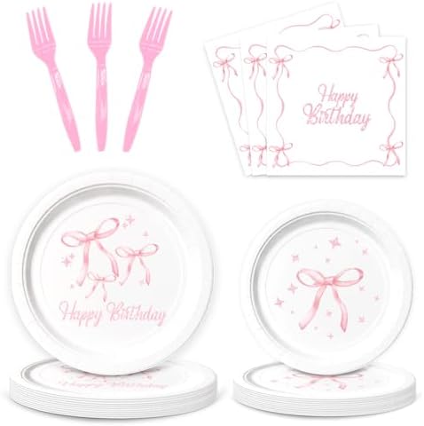 Pink Bow Birthday Party Tableware Set 96Pcs