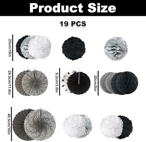 19PCS Party Decor Paper Flowers Lanterns with Streamers Pom Poms