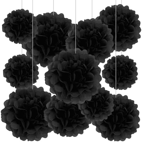 Black Tissue Paper Pom Poms 20 Piece Set for Events