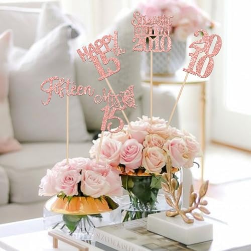 15 PCS Rose Gold 15th Birthday Centerpiece Sticks