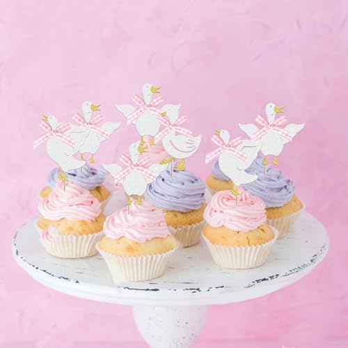 24 PCS Pink Bow Silly Goose Cupcake Toppers