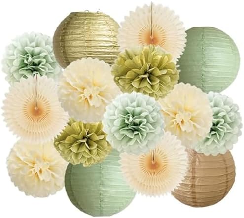 Comebachome 15PCS Paper Pom Poms Set Green Gold Tissue Decorations