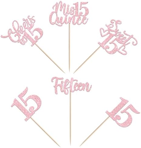 30PCS Happy 15th Birthday Cupcake Toppers Glitter Pink
