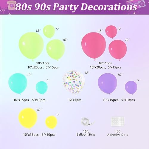 80s 90s Neon Balloons Arch Kit with Confetti Music Note and Disco Ball