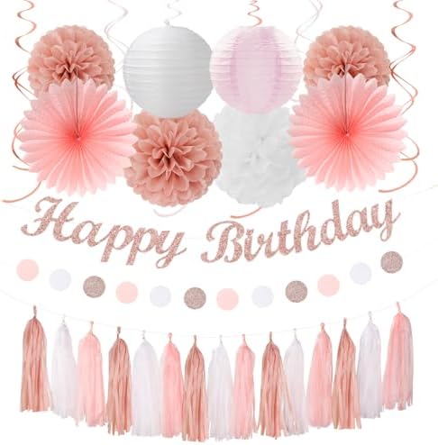 Rose Gold Pink White Birthday Decorations 31pcs