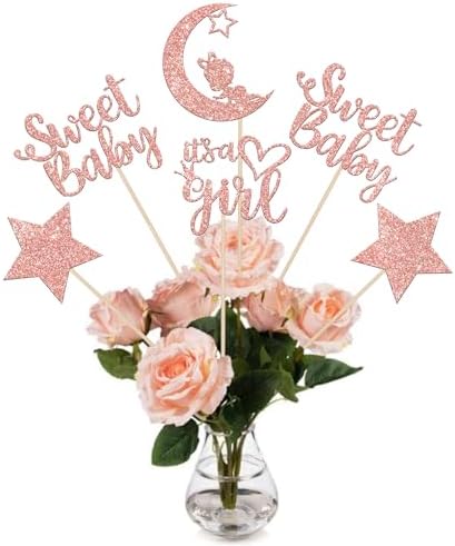 12 PCS Sweet Baby Girl Centerpiece Sticks with Rose Gold Moon Glitter