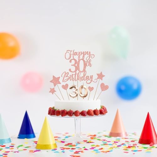 13 PCS Happy 30th Birthday Cake Toppers with Heart Star Glitter Rose Gold