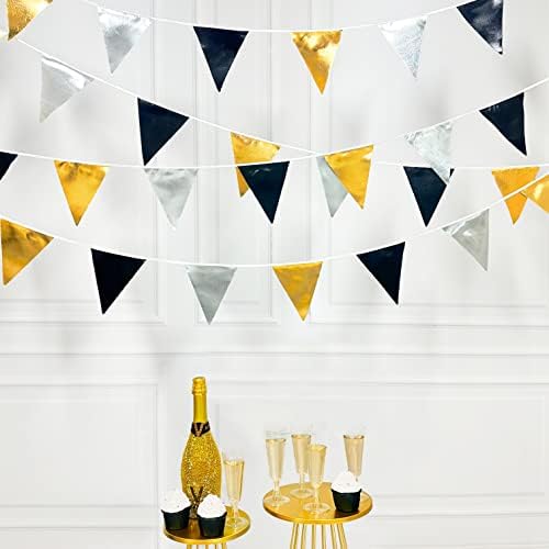 Black Gold Silver Triangle Pennant Banner Garland for Parties
