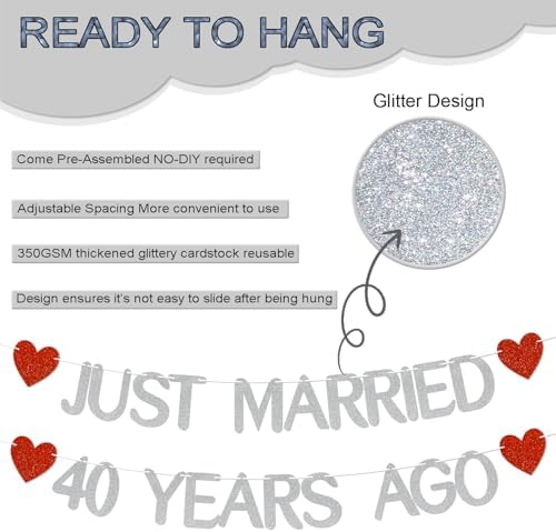 Just Married 40 Years Ago Glitter Banner with Adhesive Hooks