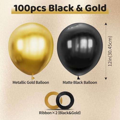 100pcs Black and Gold Balloons 12 Inch Metallic Party Decor