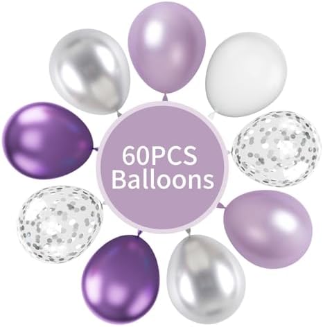 FunHot 60Pcs 12 Inch Metallic Silver and Purple Balloons Set