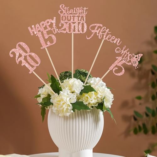 15 PCS Rose Gold 15th Birthday Centerpiece Sticks