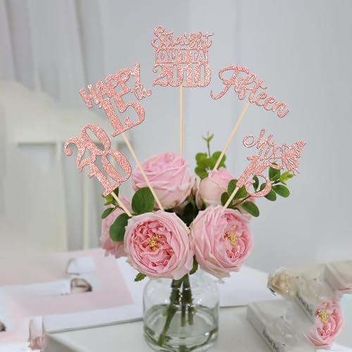 15 PCS Rose Gold 15th Birthday Centerpiece Sticks