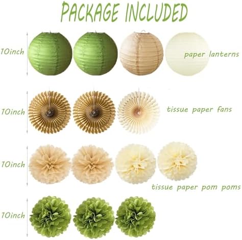 Olive Green Tissue Pom Poms and Paper Lanterns Decor Set