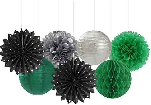 Black-Green Silver Party Decor Streamers Lanterns 14pcs Set