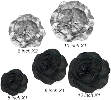 IGUO Silver Black Paper Flowers 3D Decor 6PCS