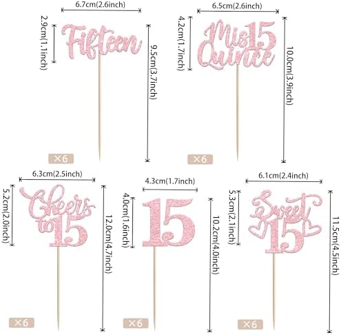30PCS Happy 15th Birthday Cupcake Toppers Glitter Pink