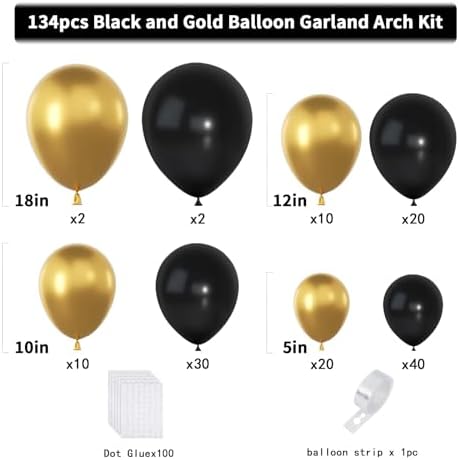 Black and Gold Balloons Garland Arch Kit 134pcs