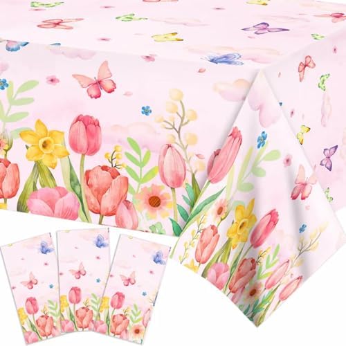 3 Pieces Spring Tulip Plastic Table Covers for Easter Birthday Parties