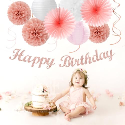 Rose Gold Pink White Birthday Decorations 31pcs