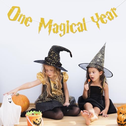 One Magical Year Banner - Wizard Birthday Decor Gold Glitter