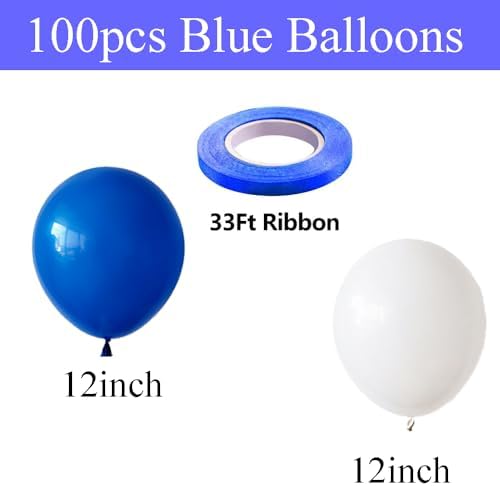 100pcs Royal Blue and White 12 Inch Latex Balloons with Ribbon
