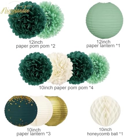 NICROLANDEE 12PCS Emerald Green Tissue Pom Poms Decorations