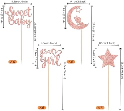 12 PCS Sweet Baby Girl Centerpiece Sticks with Rose Gold Moon Glitter