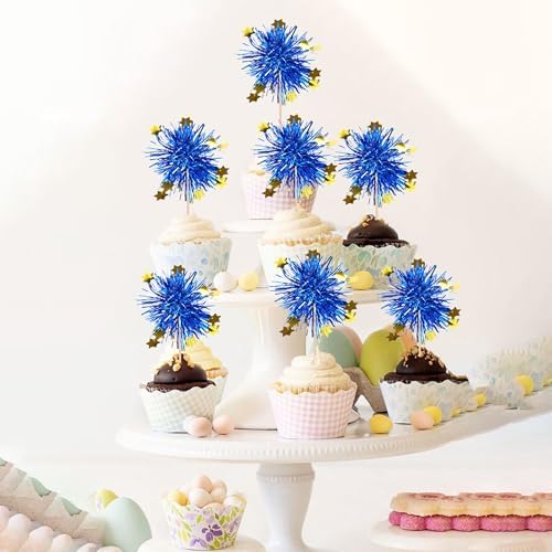 30 PCS Foil Firework Cupcake Toppers Blue Sparkle