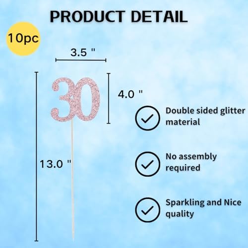 10-Pack Double Sided Glitter Rose Gold 30th Birthday Centerpiece Sticks