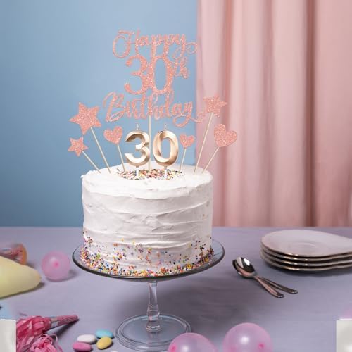 13 PCS Happy 30th Birthday Cake Toppers with Heart Star Glitter Rose Gold