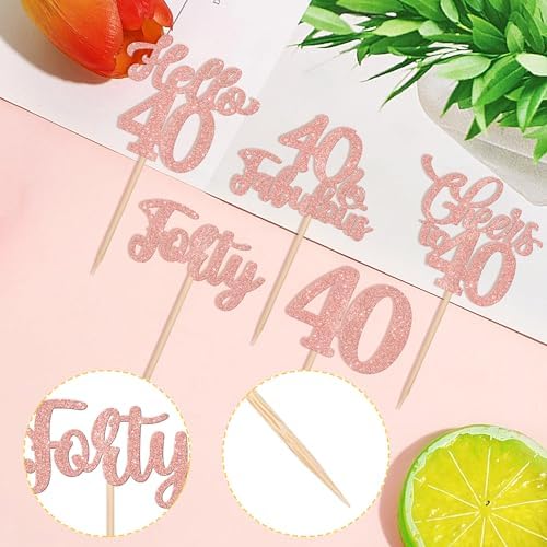30PCS Happy 40th Birthday Cupcake Toppers Rose Gold Glitter