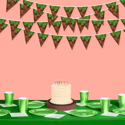32ft Green Brown Pixel Miner Themed Banner Garland